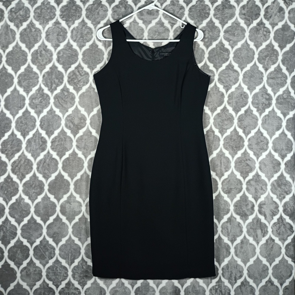 August Silk Sheath Dress Size 10 Black Sleeveless Lined Scoop Neck Knee Length